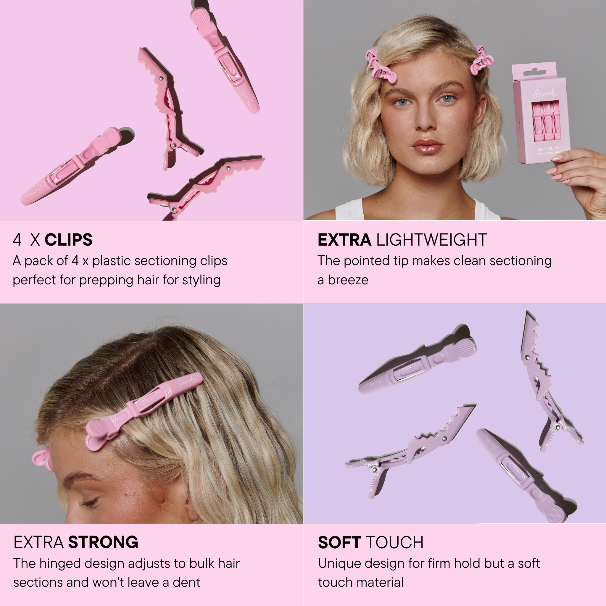 Features and benefits of the Grip Clips - Signature Pink