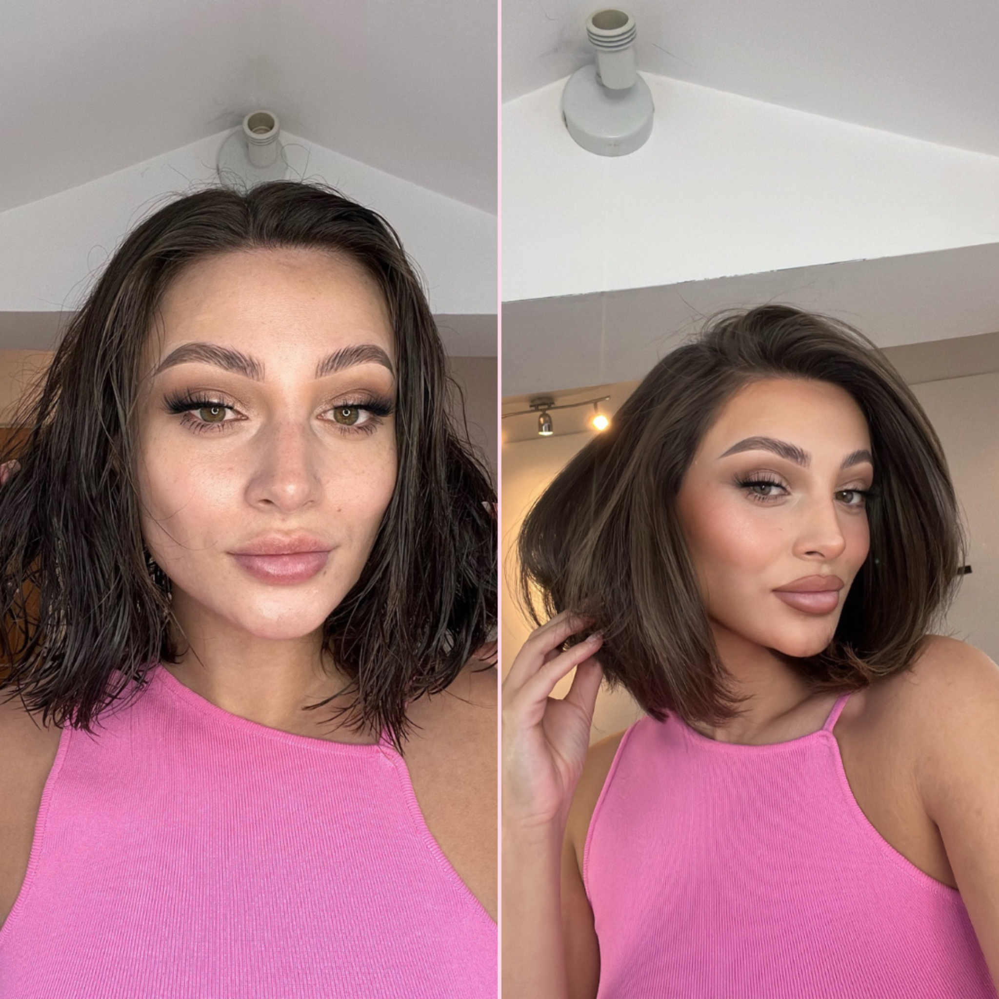 Before and after of the Blow Dry Brush - Signature Pink on short brunette hair