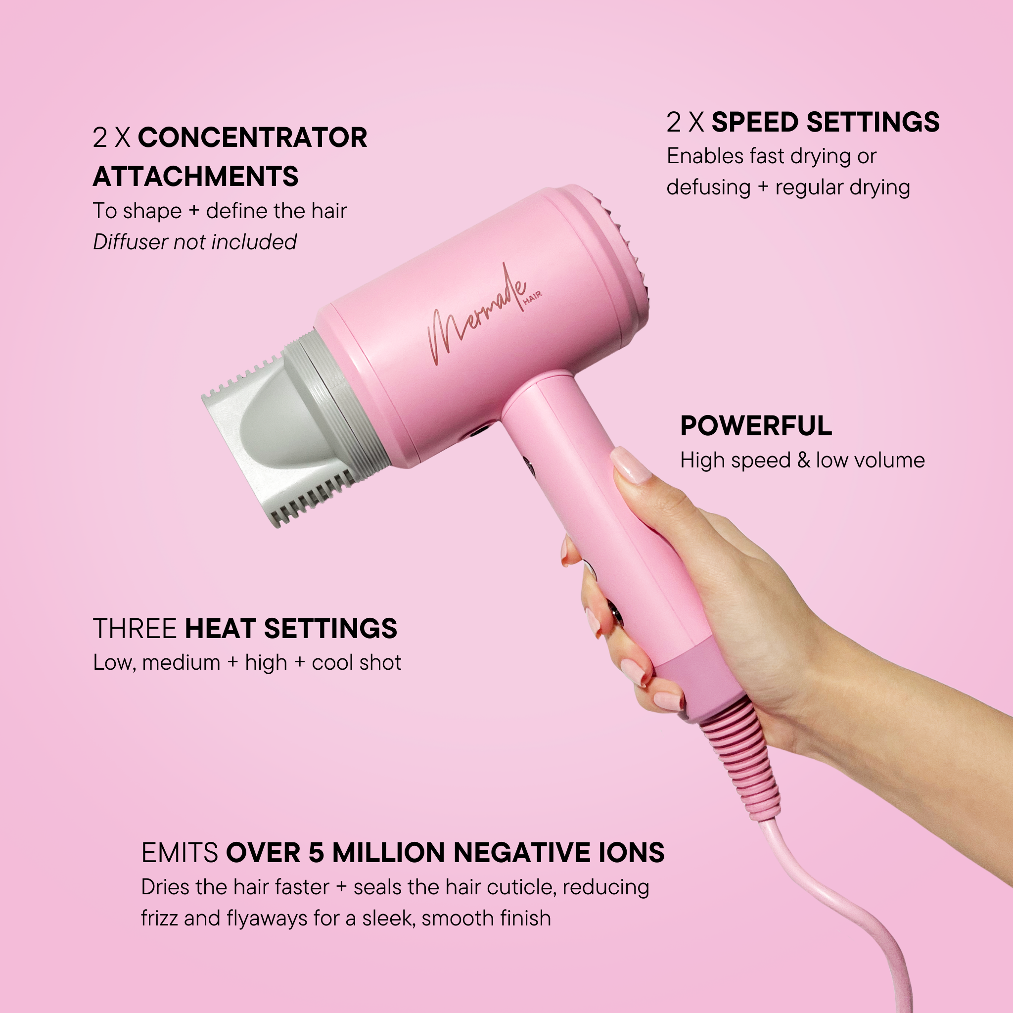 Features and benefits of the Hair Dryer by Mermade 